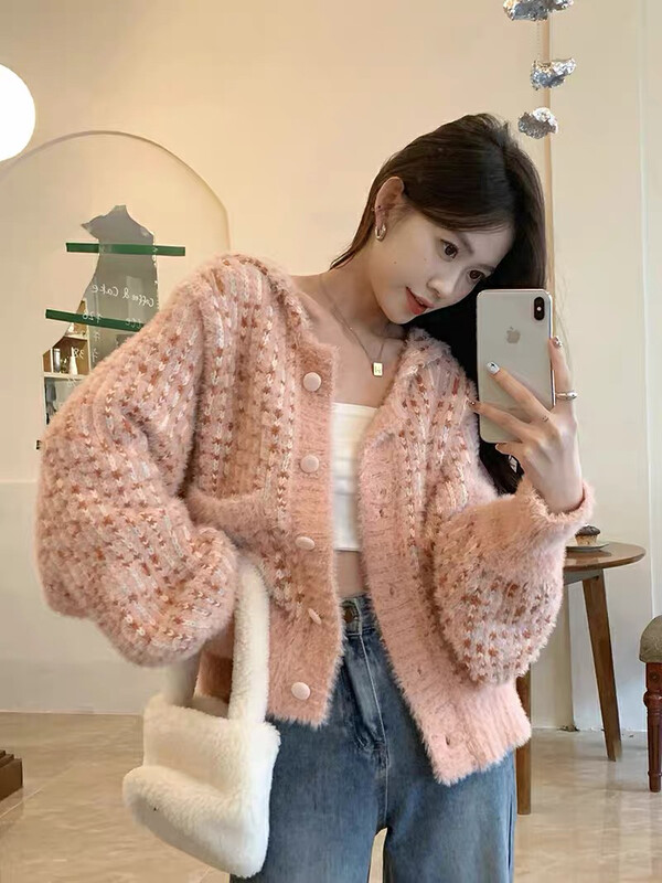 Autumn on the new![Huaxi] Gentle plaid large lapel breasted warm sweater 9828 # PCZ