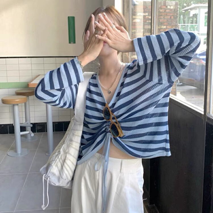 New in Autumn!【F·P】Loose Drawstring Striped Knit Sweater M3102# HBX