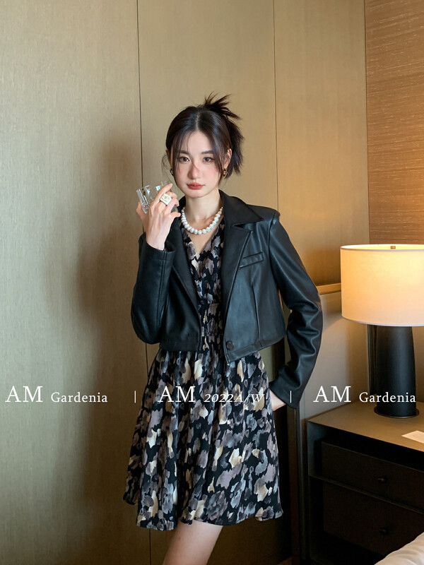 Autumn is new! [AM GARDENIA] Vintage high-end floral dress + heavy industry lapel leather jacket suit 1281-1# ZXX