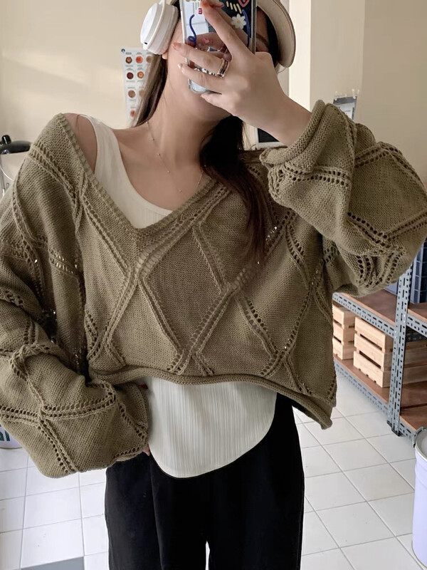Autumn is new! [F·P] Design V-neck diamond hollow knitted sweater 73201# HBX