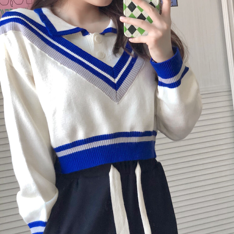 Early autumn on the new![F · P] College Style Polo Neck Splice Fake Two Knits 85121 # HBX
