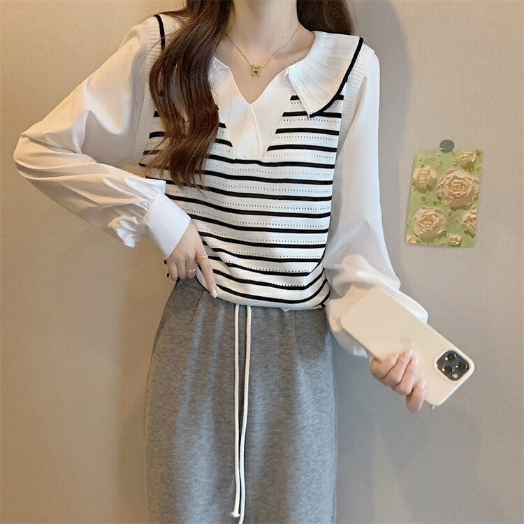 New in early autumn! [F·P] Design sense Polo collar striped fake two-piece knitted sweater 50055-1# HBX