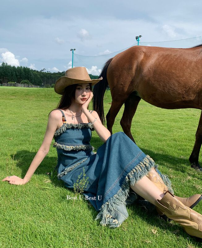 【BEST U】Colorblock raw edge retro western denim suspender dress 60151# LSW
