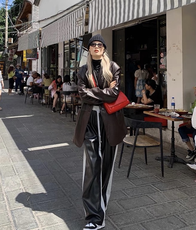 New in autumn! [C.H.Z] pu front and back fabric stitching elastic waist color matching loose casual pants 91322# WTT