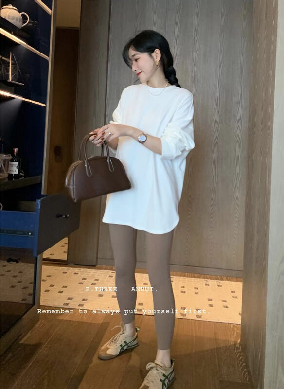 [F.THREE Three Sisters] Double-sided brushed side slit long-sleeved T-shirt 95538# XJ