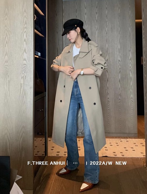 New in autumn! [F.THREE three sisters] thick material long can stand collar trench coat 95535# XJ