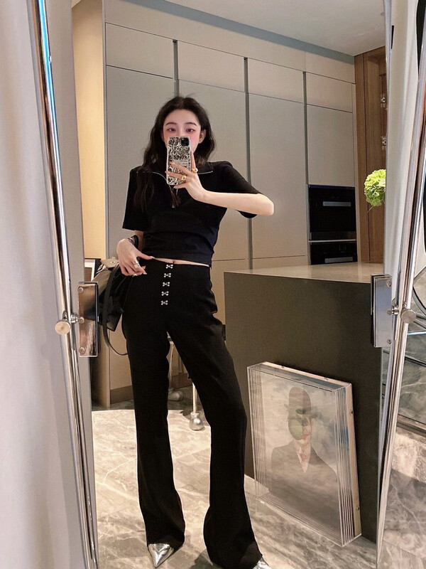 New in early autumn! [NANCY] niche design waist head drill buckle design micro-snap casual pants J9702# WPL