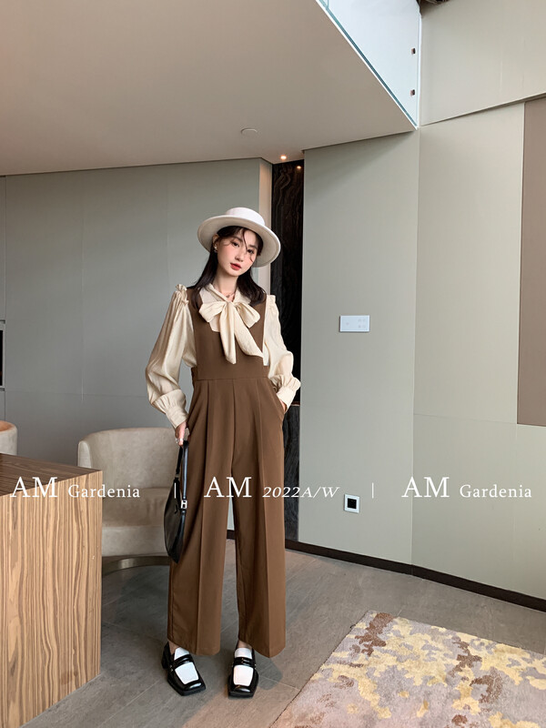 Autumn is new!【AM GARDENIA】Korean style bow neck top + solid color simple overalls suit 1222# ZXX