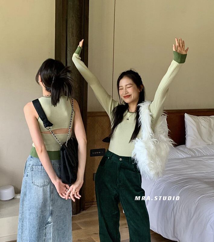 【MRA】Korean Style Slim Backless Colorblock Knit Sweater KD3557