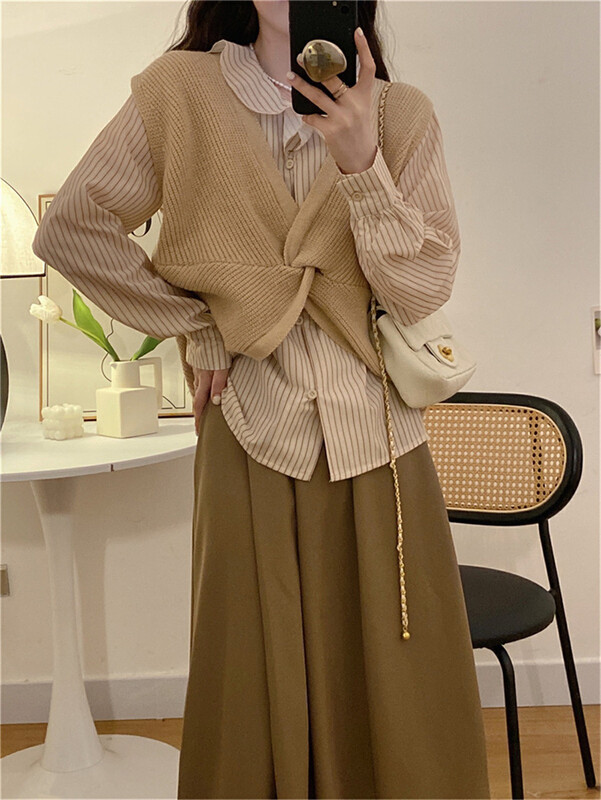 Autumn on the new![F · P] V neck kink knit loose Vest 8k69 # HBX