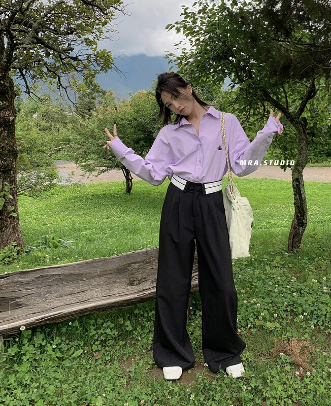 [MRA] Big-name fashion waist stitching contrast color high-waisted wide-leg trousers LP101