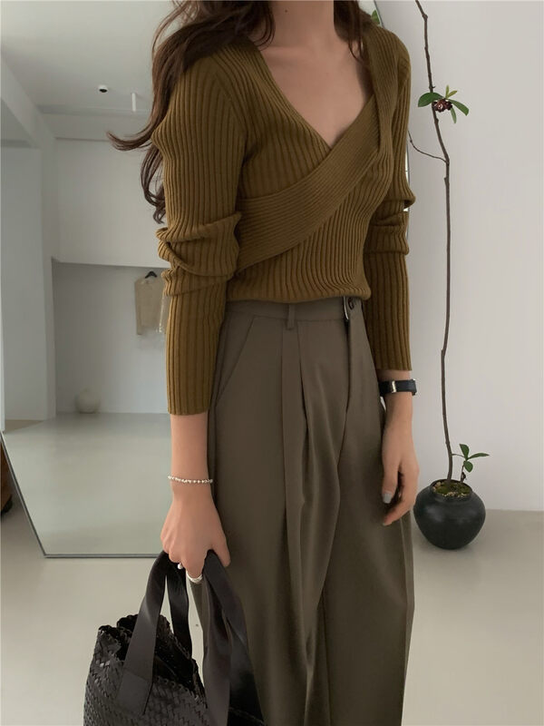 New in autumn! [WANNA] V-neck cross fashion knitted cardigan 96128# ZXL