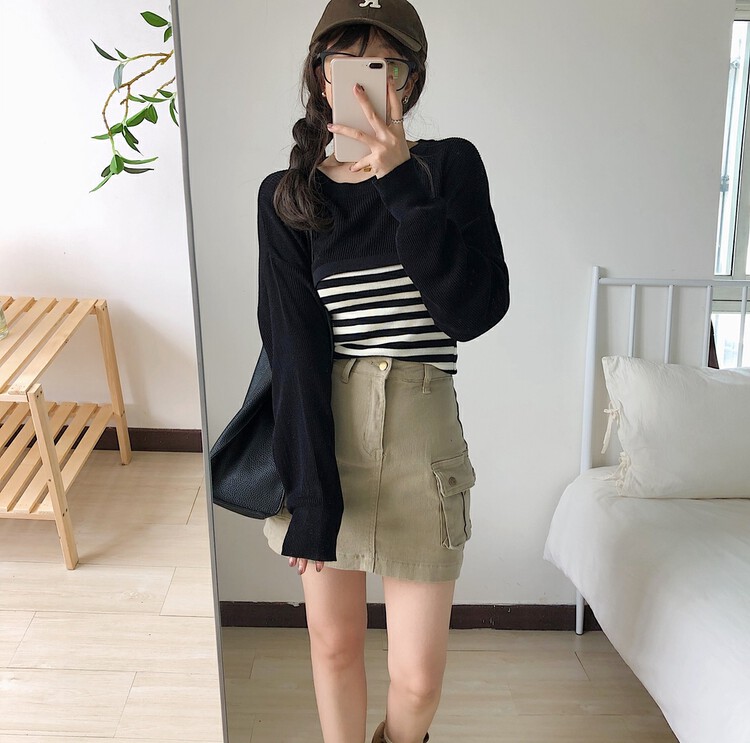 Autumn on the new![Smosmoked] Simple knit + striped sling vest two sets 0348 # HYY