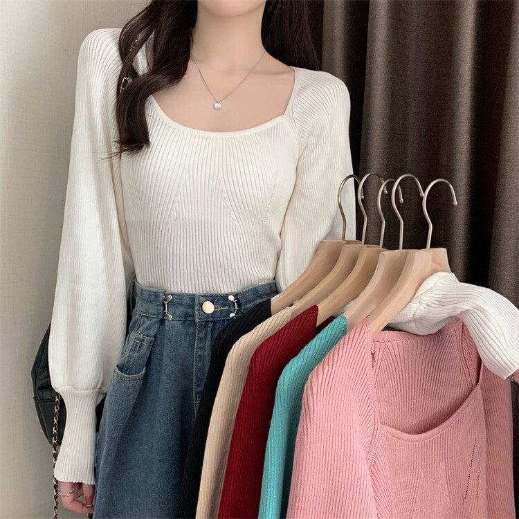 New in autumn! [F·P] Square collar exposed collarbone solid color lantern sleeve knitted sweater J136# HBX