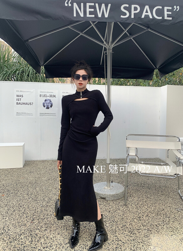 Autumn is new! [MAKE Charm] temperament woman zipper collar hollow pleated side slit dress 50378# OZQ