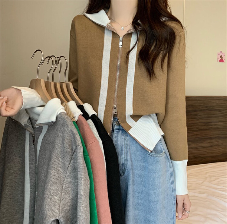 New in autumn!【F·P】Fashionable double zipper colorblock warm sweater 70122# HBX