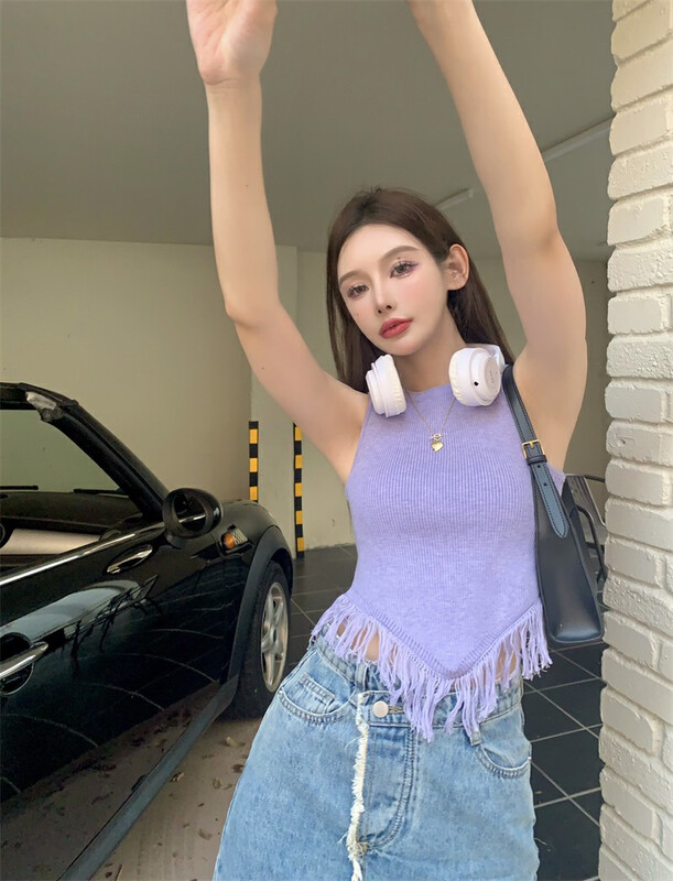 Early autumn on the new![F · P] Temperament round collar solid color slim tassel vest / sling 88112 # HBX