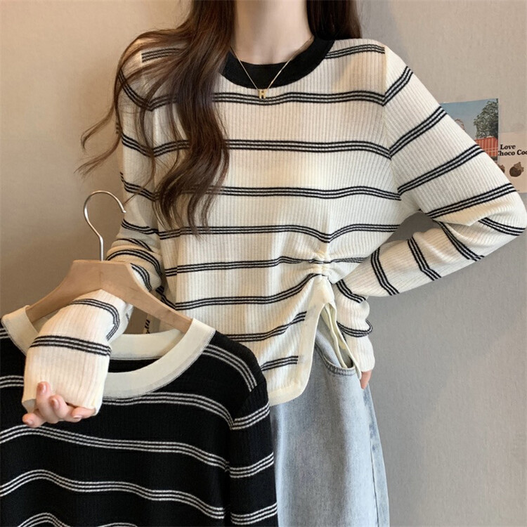 New in winter! [F·P] Round neck striped side drawstring slim sweater 47189# HBX