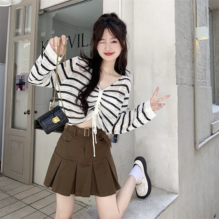 New in early autumn! [F·P] Design V-neck striped hollow knitted sweater 12338# HBX
