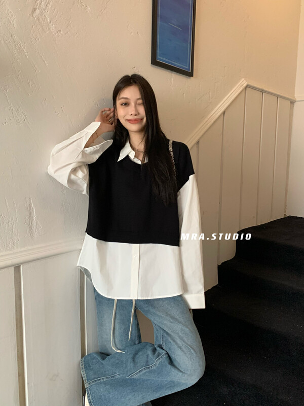 【MRA】Designed contrast color loose knitted stitching shirt M9022