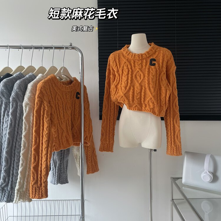 New in autumn! [Yi Kaoru] American retro alphabet jacquard round neck all-match twist warm sweater 0344# HYY
