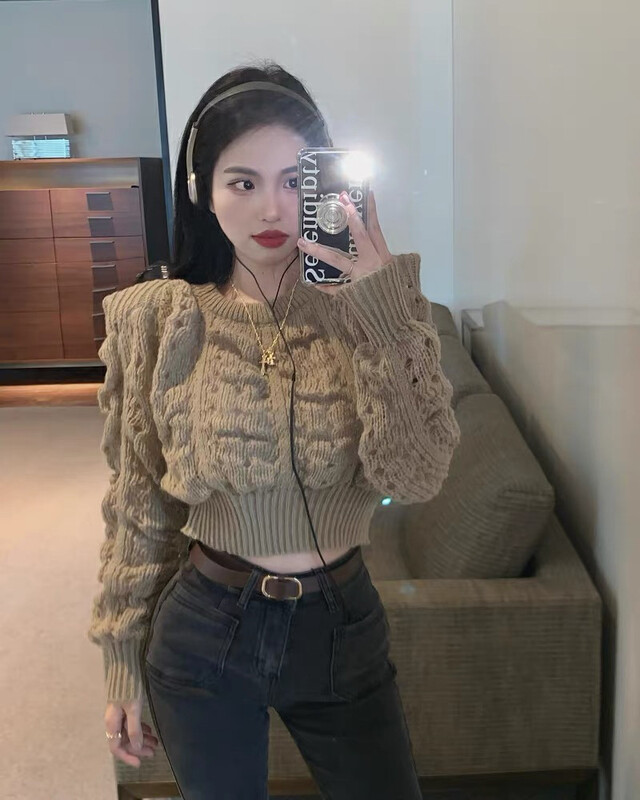 Autumn is new! [F·P] round neck puff sleeves solid color pullover warm sweater 73198# HBX