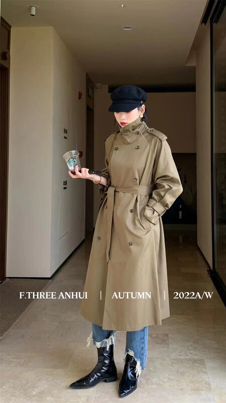 New in early autumn! [F.THREE three sisters] temperament high-end double-breasted long trench coat (with detachable cuffs, belt) 95357# XJ