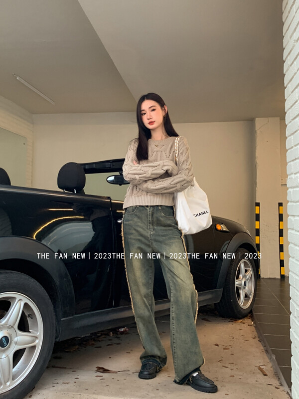 【THE FAN】Fashion color contrast fringed wide leg jeans 505252# ZXX