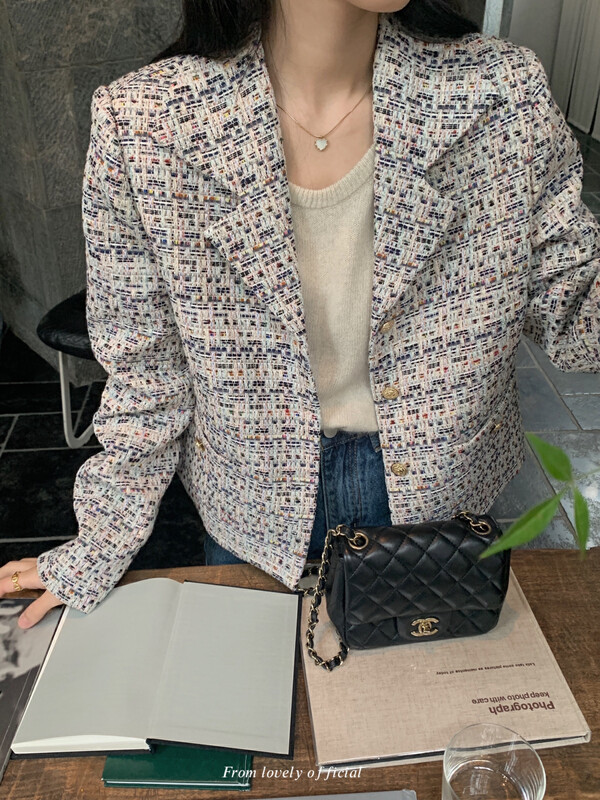 [LOVELY] Contrast color tweed small fragrance coat short coat S1858