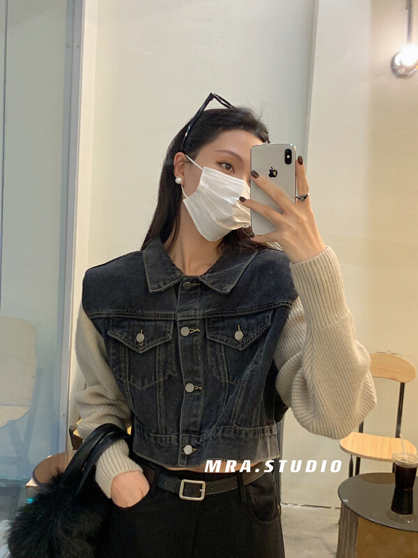 [MRA] Big-name fashion stitching fake two-piece short denim jacket DH320