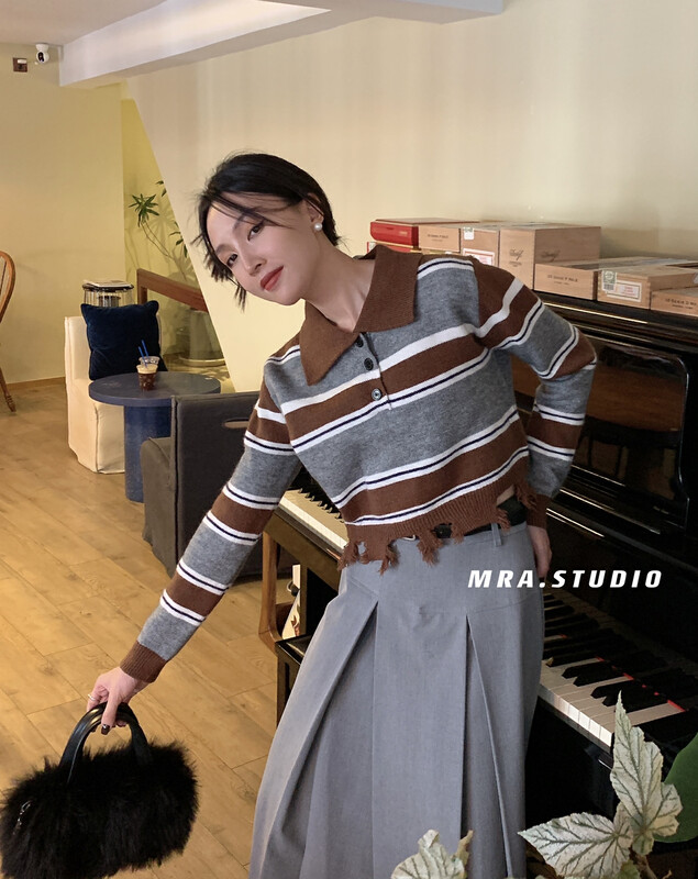 [MRA] Japanese Simple POLO Collar Short Striped Sweater DH303