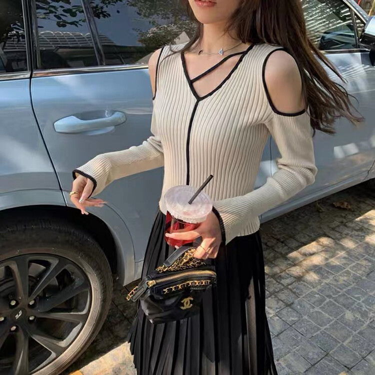Autumn is new! [F·P] v-neck off-shoulder sexy slim fit sweater 5777# HBX