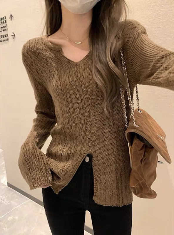 New in autumn!【F·P】V-neck hem slit sweater 73206# HBX