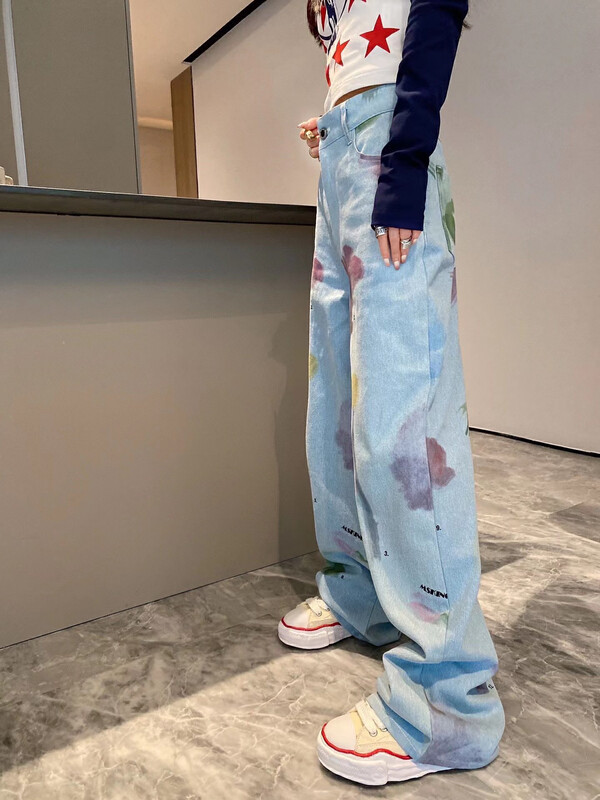 New in autumn! [NANCY] niche design floral graffiti straight wide-leg jeans D1309# WPL