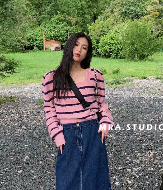 [MRA] Japanese Simple Striped Contrast Color Square Neck Puff Sleeve Short Sweater SP37