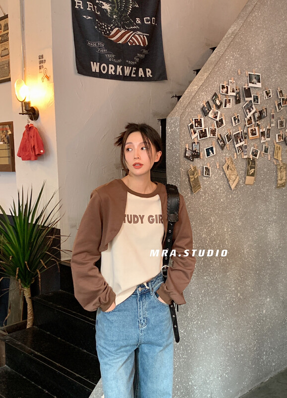 [MRA] Fashion ins style stitching contrast color fake two-piece sweater L1198
