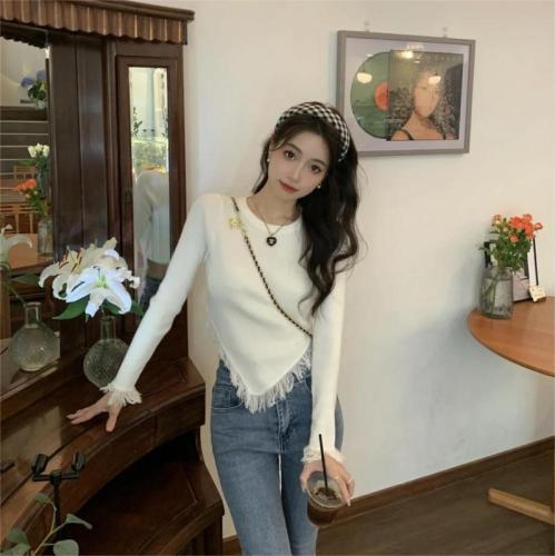  early autumn irregular tassel black long-sleeved sweater women's design T-shirt short top trend