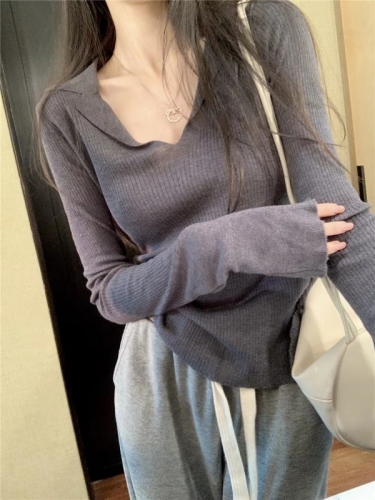 Kumikumi soft waxy polo collar sweater slim fit sweater women's autumn inner bottoming shirt chic top