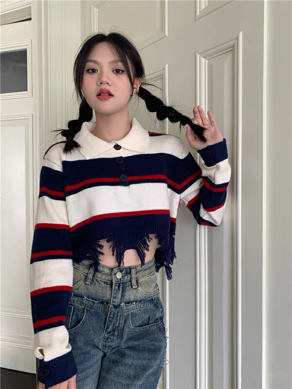 New in winter! [F·P] College style Polo collar striped raw edge short warm sweater 32140# HBX