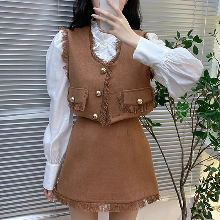 Autumn is new! [Huaxi] Simple shirt + fashion vest + slim skirt three-piece suit 9765# PCZ
