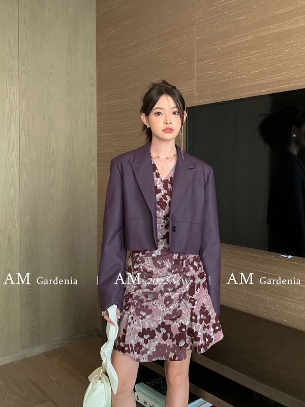 【AM GARDENIA】Temperament high-quality leather short jacket + floral dress two-piece suit 1299# ZXX