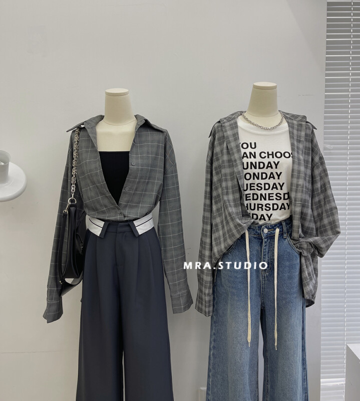 [MRA] Simple big brand plaid versatile loose hair shirt J2380
