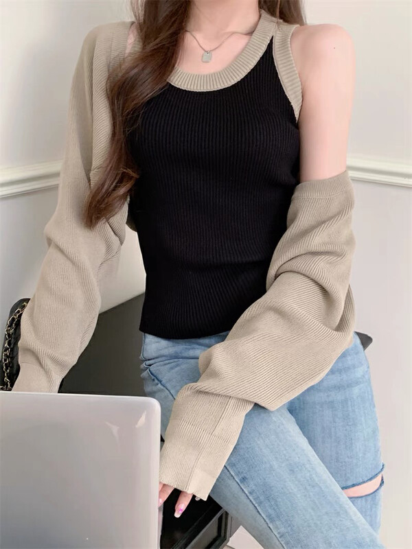 Autumn on the new![F · P] Foreign style fashion knit cardigan + patchwork color of simple vest set 17CX15 # HBX