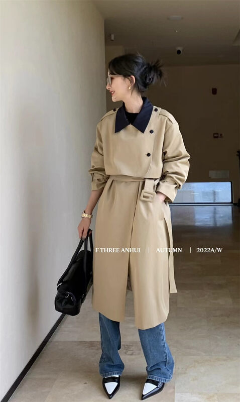 New in early autumn! 4 [F.THREE three sisters] long and short series color matching long windbreaker (with belt, cuff) 95292-1# XJ
