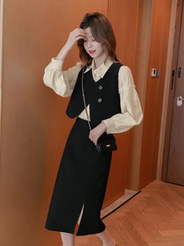 Autumn is new! [Huaxi] Simple shirt + all-match vest + mid-length skirt three-piece suit 9803# PCZ
