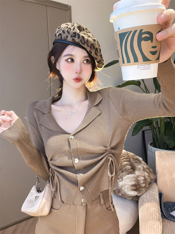Autumn is new! [F·P] Design sense polo collar drawstring slim long-sleeved knitted cardigan 71026# HBX