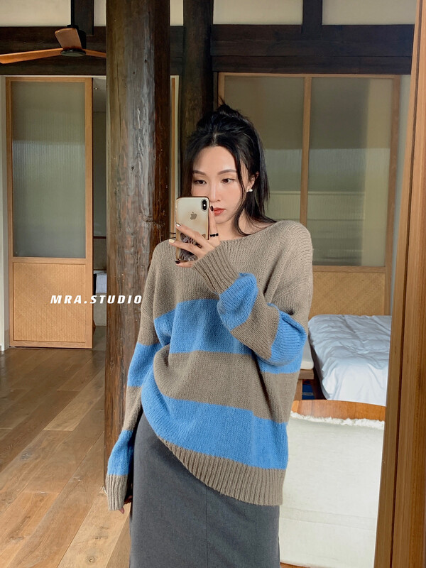 [MRA] Japanese simple stripe contrast color Medium and long wool sweater H7529