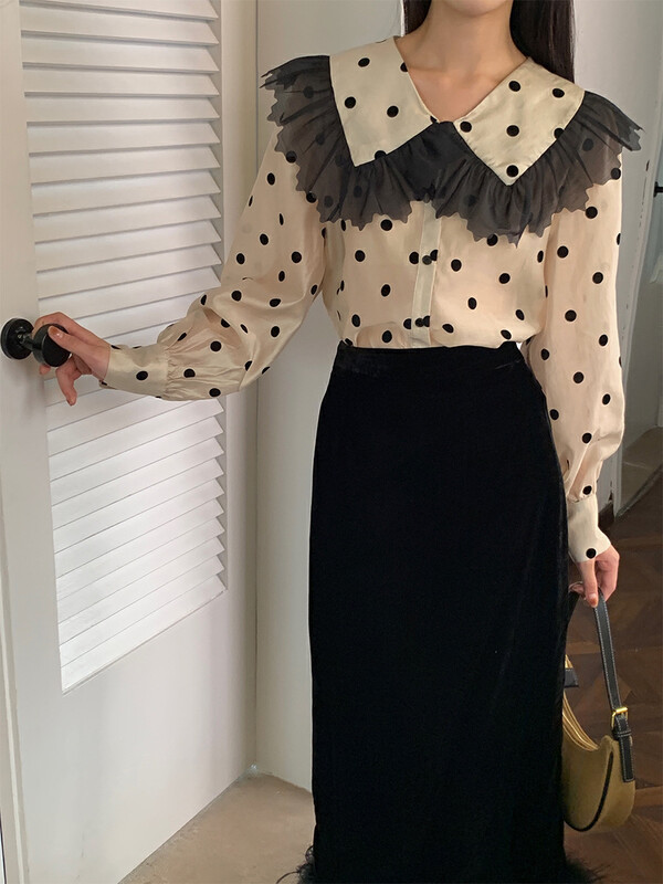 New in winter!【NEW OPEN】French temperament long-sleeved lotus leaf collar contrast color shirt GY80535# ZXX