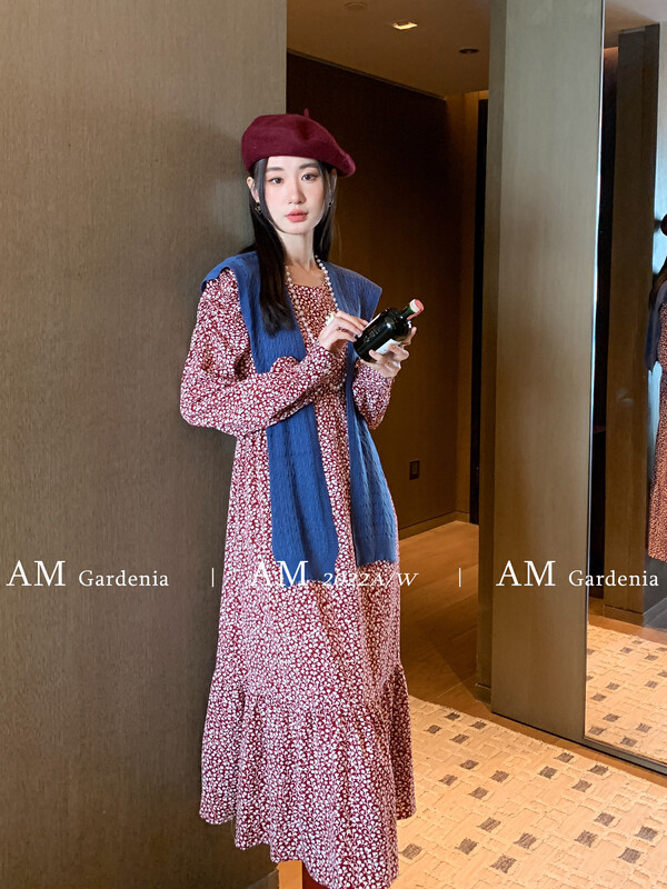 Autumn on the new![AM GARDENIA] Vintage floral pleated dress (with shawl) 1269 # ZXX