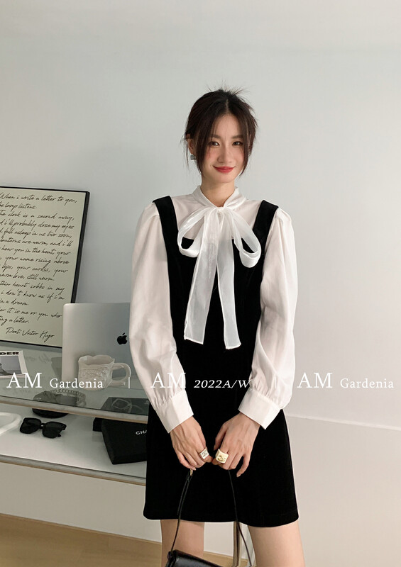 Autumn is new! [AM GARDENIA] Temperament Korean version can be tied with bow collar rope shirt + waist slimming jumpsuit 1291# ZXX